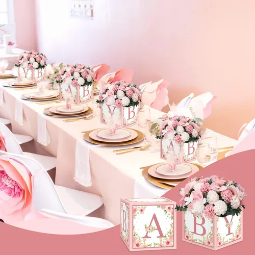 Vista 7 de TSVATE Decoraciones de cajas rosas para baby shower, 4 cajas de centro de mesa de baby shower, decoración de centro de mesa de primer cumpleaños