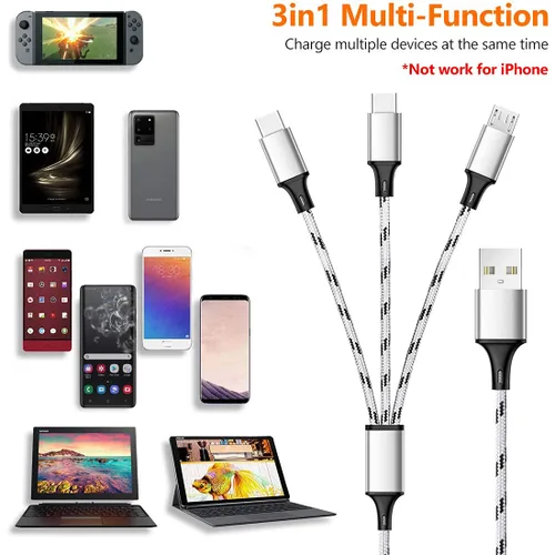 Vista 8 de Cable de carga múltiple, paquete de 2 cables trenzados múltiples USB de 6 pies, cable de carga universal 3 en 1 con doble tipo C, conectores