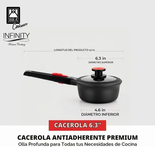 Vista 2 de BRA COOKWARE Infinity - Cacerola antiadherente con tapa de vidrio, olla de 6.3 pulgadas y 1.2 cuartos de galón de profundidad, olla de sopa sin