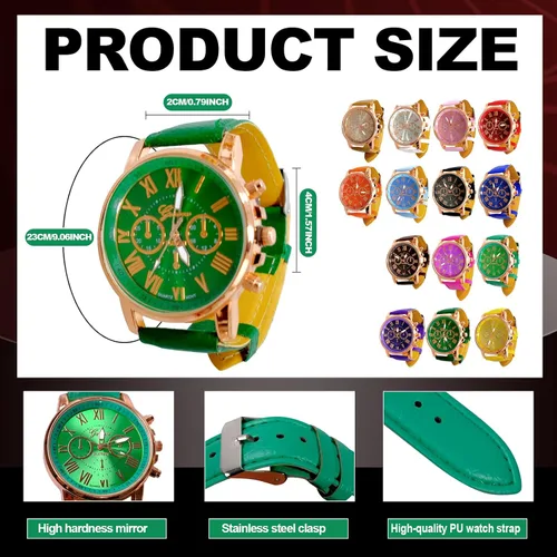 Vista 2 de Juego de 28 relojes de platino surtidos para hombres y mujeres con números romanos, correas de piel sintética, relojes de cuarzo unisex, relojes