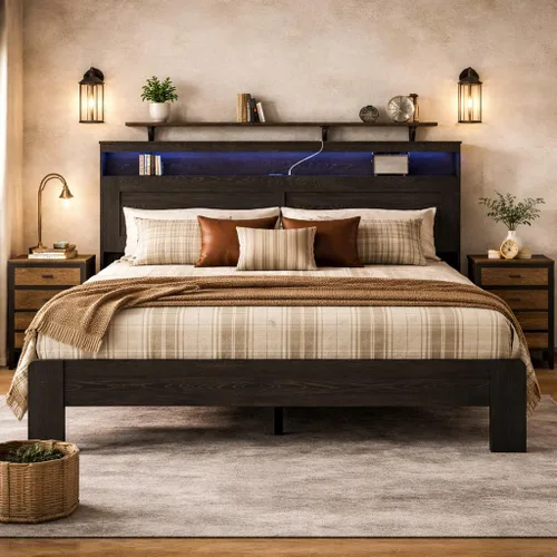Vista 12 de Marco de cama de madera tamaño King con cabecera, base de cama de plataforma estilo granja rústica con soporte de listones de madera, resistente