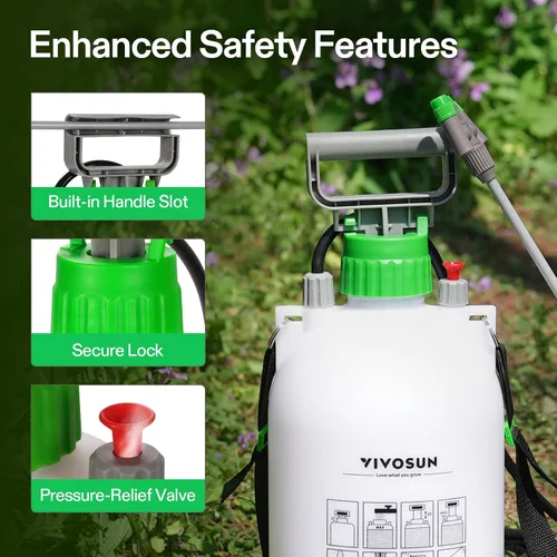 Vista 4 de VIVOSUN Pulverizador de bomba de 1 galón/4L, rociador de agua de jardín para plantas, malezas y cuidado del césped, con 3 boquillas, manguera de 50