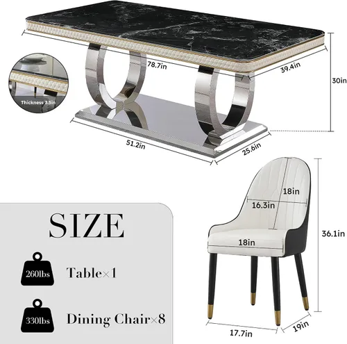 Vista 2 de Juego de mesa de comedor de 9 piezas, juego de 8 mesas de comedor de mármol de lujo de 79 pulgadas de largo, mesa de comedor rectangular de piedra