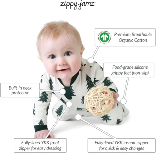 Vista 13 de ZippyJamz - Pijama orgánica para bebé con pies y cremallera para cambiar pañales fácil y rápido
