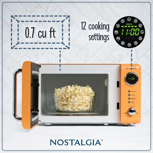 Vista 3 de Nostalgia Horno microondas compacto retro para encimera, 0.7 pies cúbicos y BLACK+DECKER EM720CB7 Horno de microondas digital con puerta giratoria