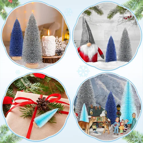 Vista 6 de Leyndo - 9 unidades de árboles artificiales de Navidad clásicos azules en miniatura con base de madera de pino de sisal para decoración de otoño