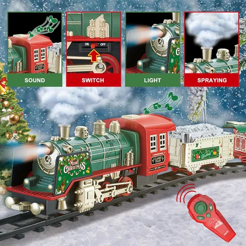 Vista 3 de JQ JUQU Juego de tren eléctrico de control remoto con vapor real, luces y sonido, tren de juguete para niños de 3 a 8 años con pistas completas