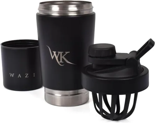 Vista 6 de WAZI Klean - Botella agitadora aislada de acero inoxidable de 20 onzas / 20.3 fl oz con compartimento de almacenamiento, tapa de mezcla silenciosa a