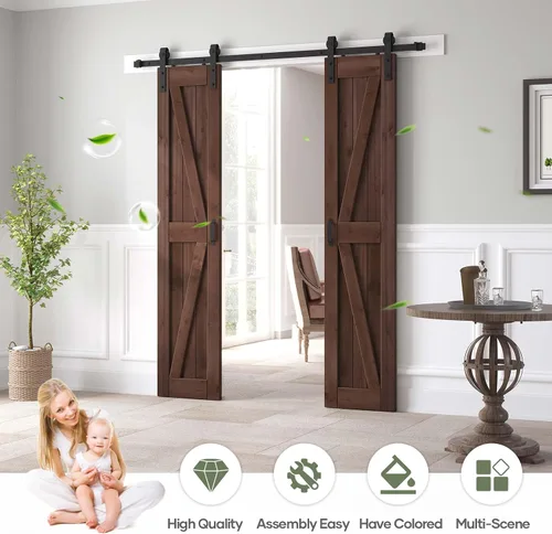 Vista 2 de Losa de puerta corrediza de madera de granero de 36 x 84 pulgadas (puerta doble de 18 x 84 pulgadas) con kit de herramientas y mango de 6.6 pies