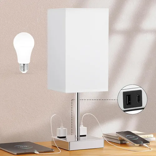 Vista 9 de Lámpara de mesa de noche táctil, con pantalla, puertos de carga USB C+A y salidas de CA duales, para dormitorio, sala de estar, oficina