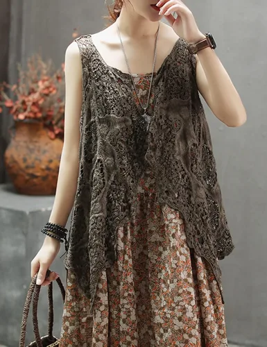 Vista 2 de PUWEI Chaleco de mariposa hippie bohemio de ganchillo con frente abierto para mujer