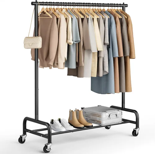 Vista 8 de MISSLO Perchero resistente para ropa con ruedas, para colgar ropa, para abrigo, vestuario, dorado (doble barra)