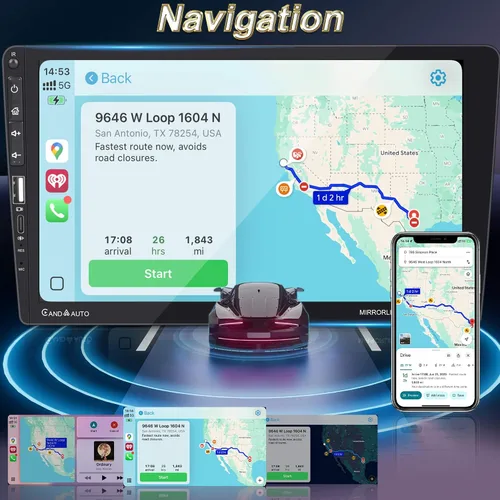 Vista 7 de Radio estéreo para automóvil DIN de 9 pulgadas con Apple CarPlay Android Auto, pantalla táctil IPS 1024 x 600, Bluetooth 5.2, radio de coche FM