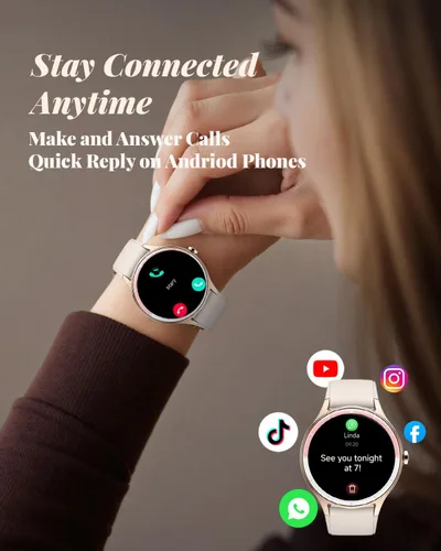 Vista 3 de TOOBUR Reloj inteligente para mujer, reloj inteligente HD de 1.575 pulgadas, compatible con Android e iOS, responder/hacer llamadas, reloj de Beige
