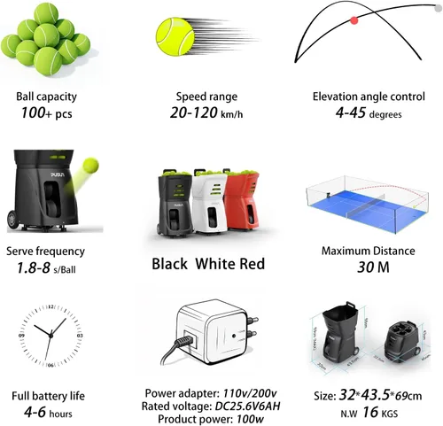 Vista 6 de Padel-Smart-Máquina profesional de pelotas de pádel con control de aplicación, capacidad de más de 100 bolas, batería de 4 a 6 horas, 12 modos