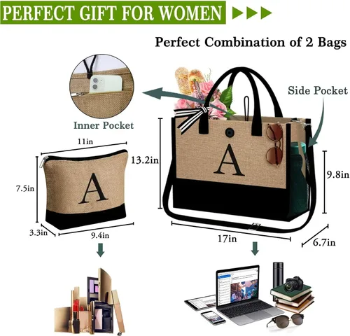 Vista 2 de YOOLIFE Bolsa de yute con inicial con bolsa de maquillaje, bolsa de playa con cremallera ajustable para el día de la madre, regalos de cumpleaños