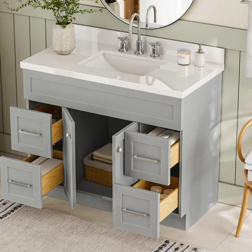Vista 3 de ARIEL Hamlet - Mueble de baño de 42 pulgadas con fregadero, madera maciza, encimera y protector contra salpicaduras de cuarzo blanco puro de 1.5
