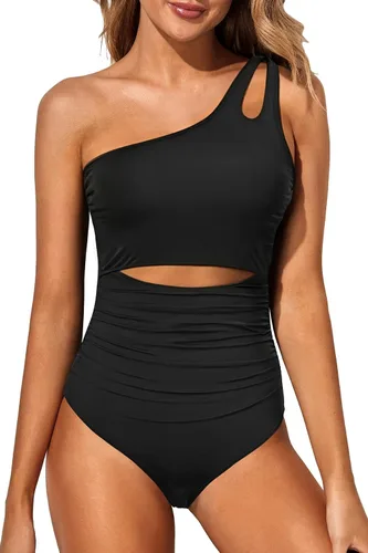 Vista 13 de Women's One Shoulder One Piece Tummy Control Swimsuit Full Coverage Diseño de ojo de cerradura, ajuste de cobertura completa, estilo modesto Negro