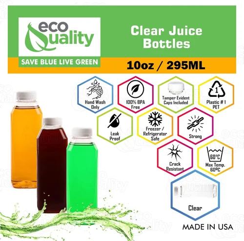 Vista 2 de Botellas vacías de plástico PET transparente de 10 onzas con tapas, (11.8 fl oz), botellas cuadradas desechables de plástico con tapas a prueba