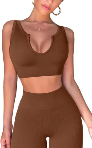 Vista 3 de QINSEN Conjuntos de entrenamiento para mujer, 2 piezas, acanalados, sin costuras, sin mangas, cintura alta, leggings de yoga