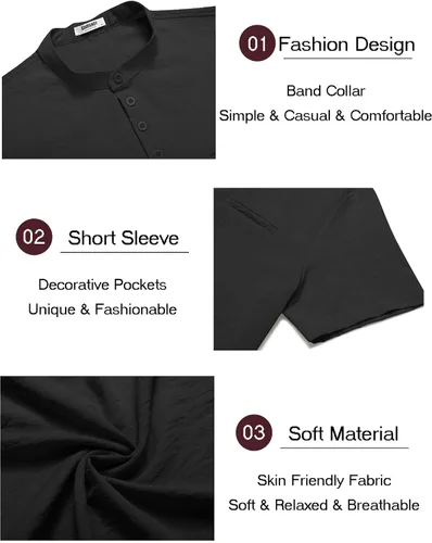 Vista 4 de COOFANDY Conjunto de 2 piezas de lino para hombre, camiseta Henley de manga corta y pantalones cortos de verano para la playa y yoga, Negro