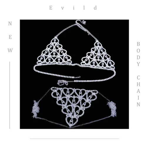 Vista 2 de Evild Cadena de cuerpo de cristal, brasier de bikini plateado, traje de cadena de playa, cintura de vientre, parte superior corta, ropa