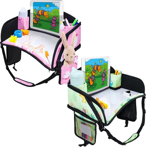 Vista 25 de 2 piezas Bandeja de viaje para niños, bandeja para asiento de coche para niños Viaje, Esenciales de viaje en carretera para niños con kit de dibujo