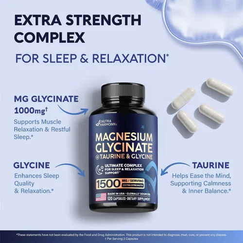 Vista 6 de Glicinato de magnesio – Apoyo para el sueño y la relajación – Glicinato extra fuerte, glicina y taurina 1500 mg – Suplemento de magnesio