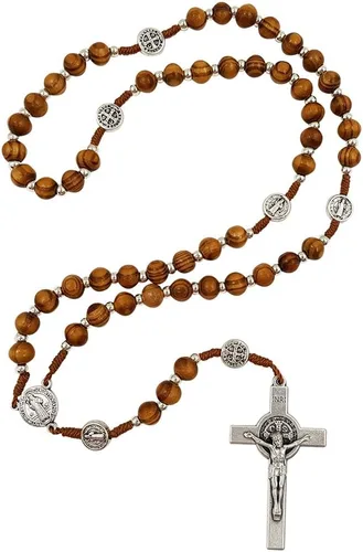 Vista 5 de TALISMAN4U Rosario de madera de olivo collar católico Medalla de San Benito Crucifijo Crucifijo Jerusalén Cruz Caja de regalo