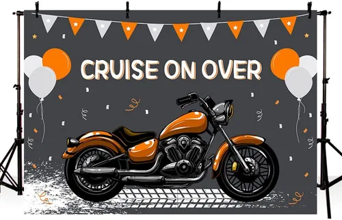 Vista 10 de MEHOFOND Telón de fondo de cumpleaños de motocicleta para niños, decoración de globos azules y blancos de carreras geniales para deportes extremos
