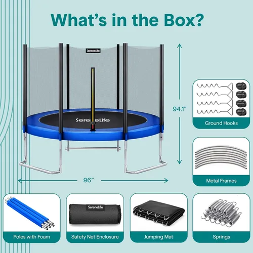 Vista 7 de SereneLife - Trampolín al aire libre de 8 pies, 10 pies, 12 pies, 14 pies con red de cierre, escalera y revestimiento antioxidante - Trampolín
