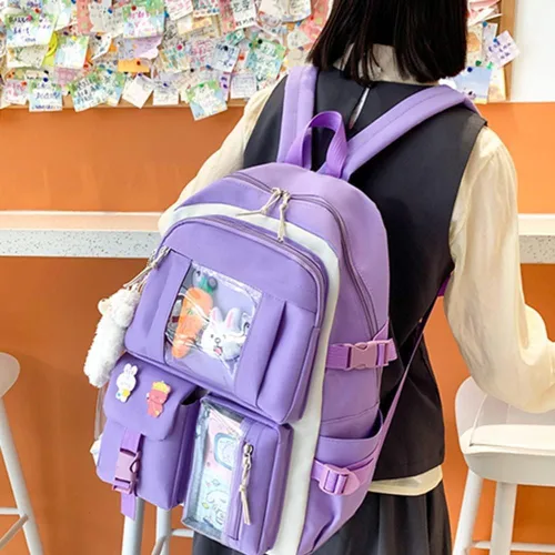 Vista 8 de Mochila Kawaii con colgantes y alfileres Kawaii, juego de 5 piezas para adolescentes y niñas, mochila escolar linda mochila estética, B1