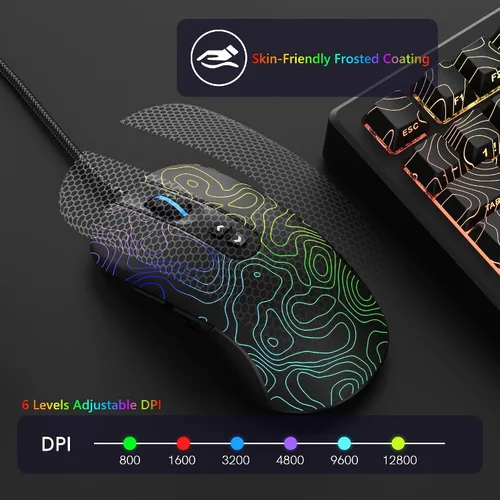 Vista 2 de Womier Ratón para juegos con cable, mouse de computadora RGB de 12800 DPI topográfico con 7 botones programables y 7 modos retroiluminados, software