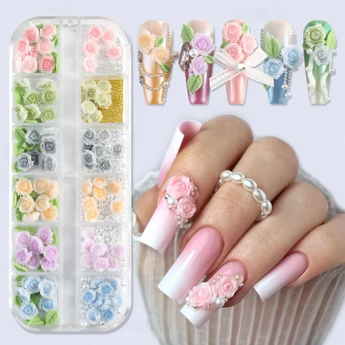 Vista 8 de Dijes de Uñas 3D Multiformas, Aurora Rosa Camelia Mariposa Flor Acrílica Lazo Transparente Corazón Blanco Perlas de Respaldo Plano Decoración