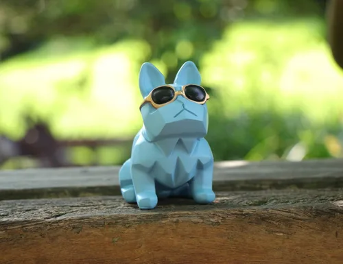 Vista 4 de Mini figura geométrica única de perro y bulldog con lentes de sol, azul, estatuas de animales, adorno de decoración de bar y jardín para el hogar