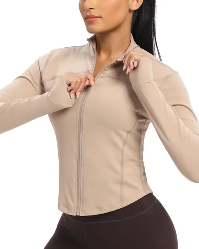Vista 3 de colorskin Chaquetas de entrenamiento ligeras con cremallera para mujer, para yoga, correr, gimnasio, pista, atlética, con agujeros para el pulgar