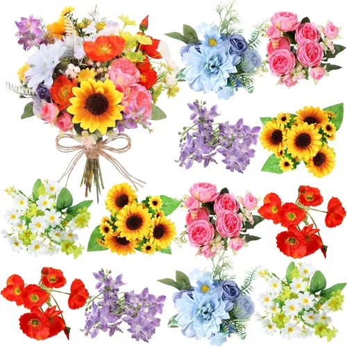 Vista 14 de Zeyune 24 paquetes de flores artificiales azules a granel ramo de seda