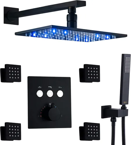 Vista 16 de Cabezal de ducha de lluvia de techo LED redondo de oro cepillado de 10 pulgadas, DULABRAHE termostático para baño, sistema de ducha de lluvia de Oro