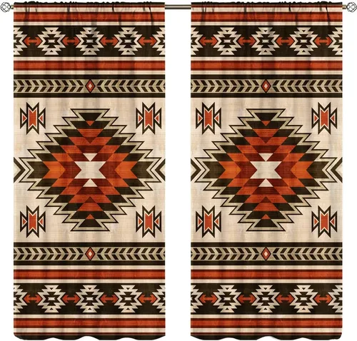 Vista 46 de Cortinas con patrón geométrico tribal, estilo suroeste, azteca, rústico, occidental, nativo americano, opacas, con bolsillo para barra, decoración