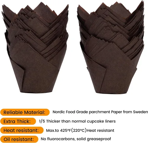 Vista 3 de Bake Choice Nordic Paper 100 unidades de forros grandes para magdalenas de tulipán marrón para tazas de horneado, papel pergamino de la UE, forros