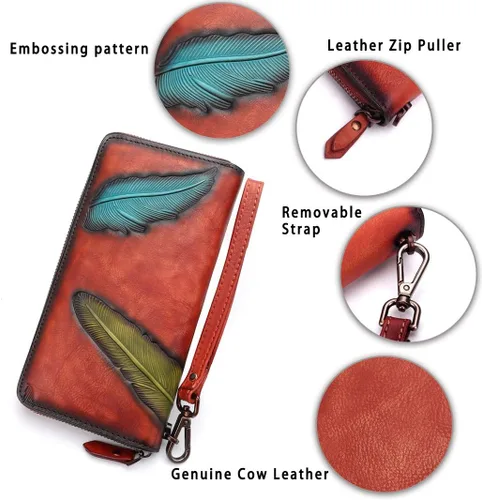 Vista 5 de IVTG Cartera de cuero genuino con cremallera alrededor de la pulsera bolso largo vintage en relieve de piel de vaca capacidad embrague hecho a mano