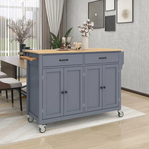 Vista 8 de LUMISOL Carrito móvil de isla de cocina con gabinete sobre ruedas, carrito rodante con tapa de madera de caucho, cajones, toallero y estante