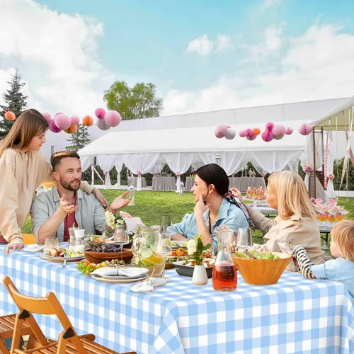 Vista 7 de 2 Pcs Light Blue Gingham Tablecloth Blue Disposable Plastic Checkered Table Cloths for Parties Disposable, Waterproof Rectangular Blue Table Cover