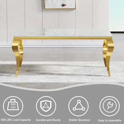 Vista 6 de Juego de 5 mesas de comedor de mármol sintético para 4 mesas de cocina de lujo de 68 pulgadas de oro blanco con 4 sillas tapizadas de terciopelo