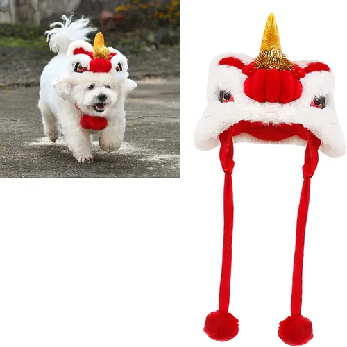 Vista 10 de Sombrero para perro, sombrero de león para mascotas de celebración de estilo chino, lindo sombrero de baile de león para perro ajustable para Año