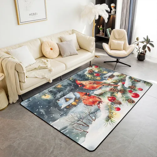 Vista 32 de Erosebridal Alfombra de área de Feliz Navidad para niños, cardenales rojos, alfombra de sala de estar, 3 x 5 mas, alfombra decorativa de cabaña