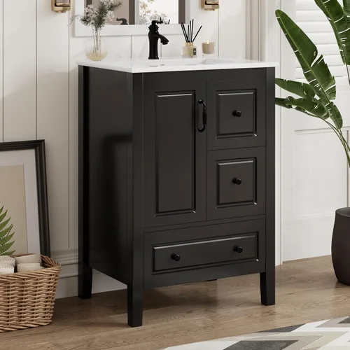 Vista 3 de Harper & Bright Designs Tocador de baño de 24 pulgadas con lavabo, tocador de lavabo individual independiente con una puerta y 3 cajones de cierre