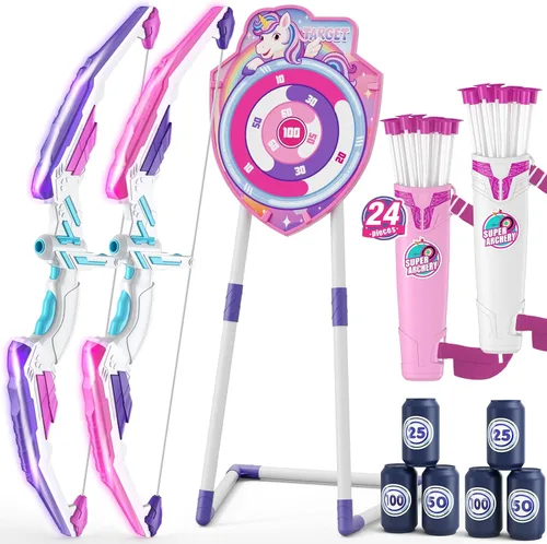 Vista 11 de HYES Arco y flecha para niños, juego de tiro con arco con luz LED con 12 flechas de ventosa, 1 objetivo para colgar, 3 objetivos de puntuación y 1