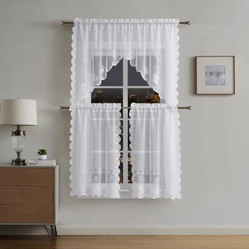 Vista 13 de Warm Home Designs El paquete de 3 cortinas de lino dorado para ventana de cocina incluye 2 niveles de 24 pulgadas y cenefa con festón. Juego
