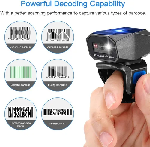 Vista 2 de Eyoyo Escáner de código de barras de anillo 2D actualizado, USB con cable y 2.4G inalámbrico y Bluetooth Mini escáner de código de barras portátil
